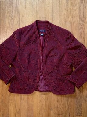 COLDWATER CREEK Burnout Velvet Jacket Petite XL Burgundy Wine EUC Jacquard